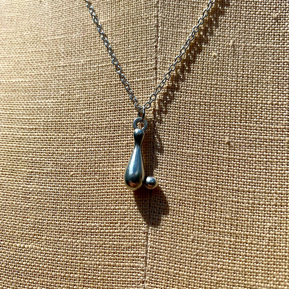 NWT Sterling Silver Plated Chain & Bowling Pin & Ball Alloy Metal Charm Necklace